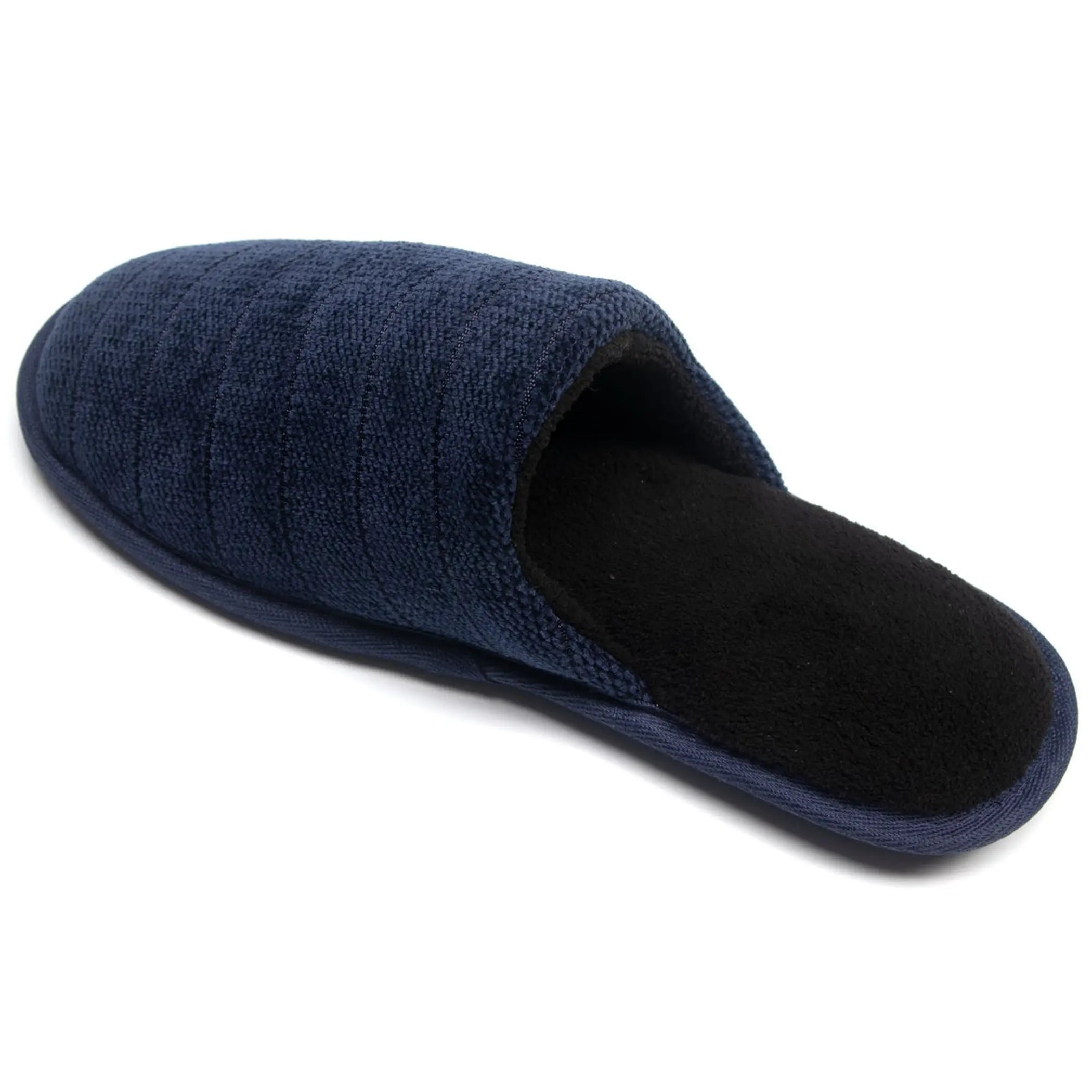 Navy blue cotton slip-on slippers with soft black lining, perfect for comfort at home.