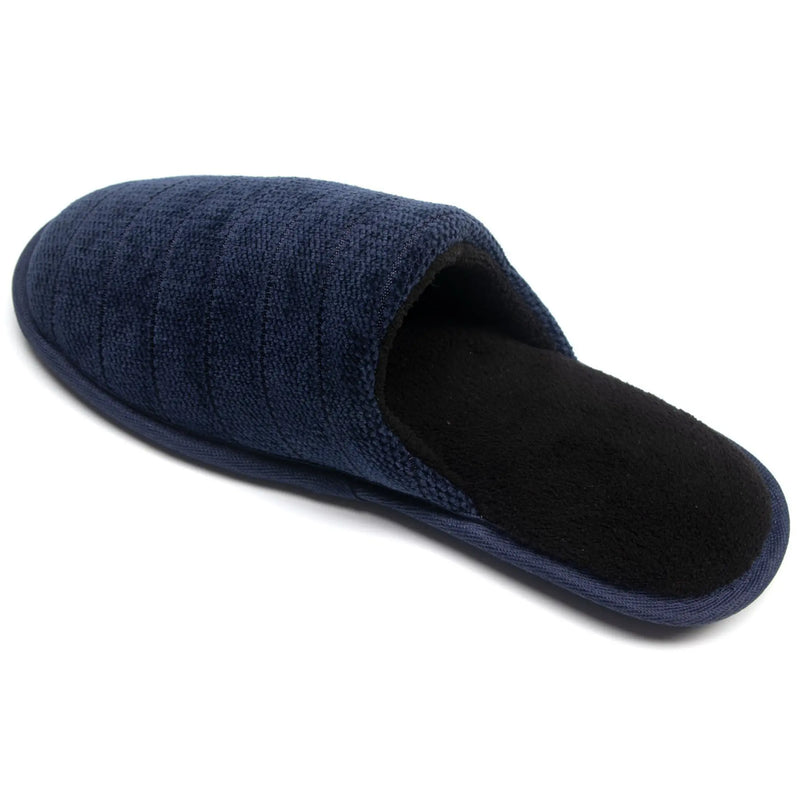 Navy blue cotton slip-on slippers with soft black lining, perfect for comfort at home.