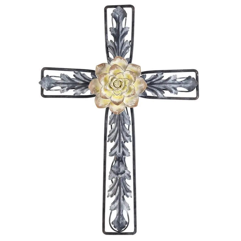 Metal Wall Cross With Resin Flower 18.5" Dicksons Inc