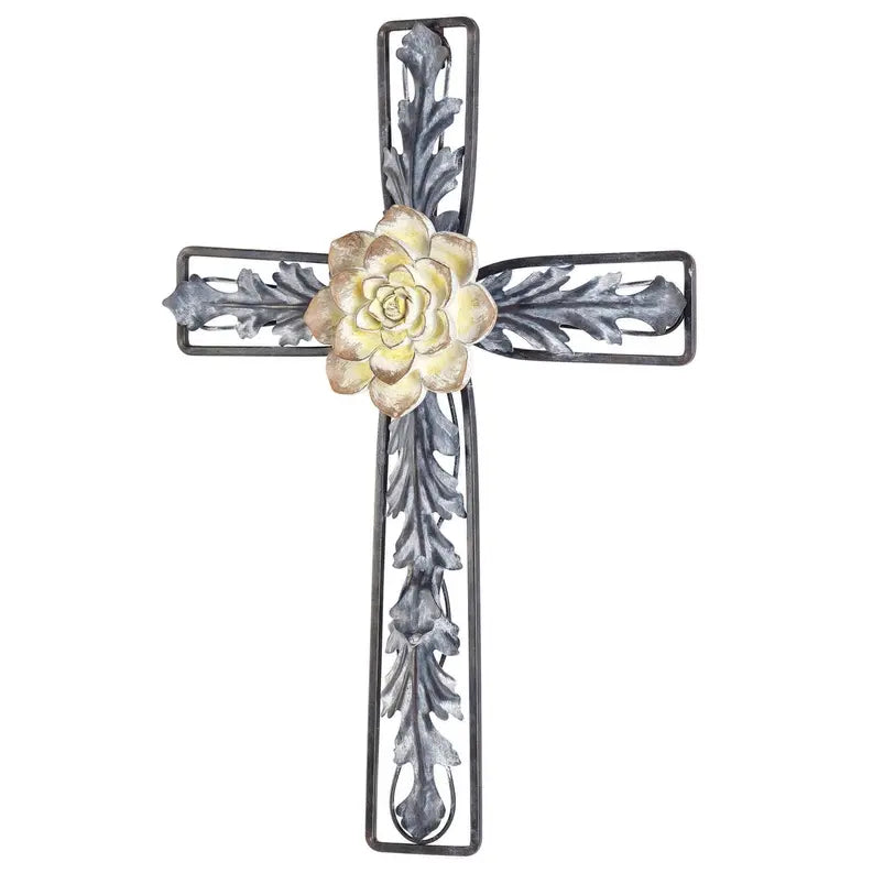 Metal Wall Cross With Resin Flower 18.5" Dicksons Inc