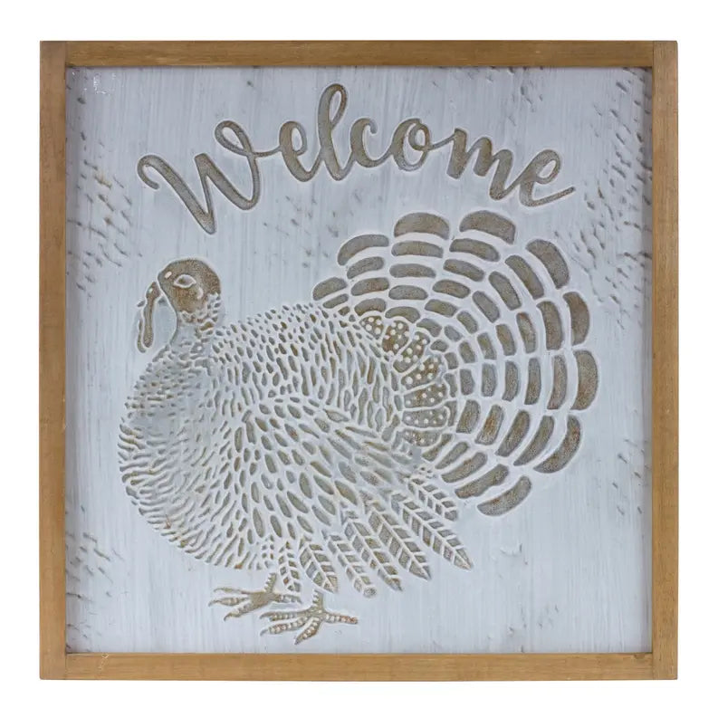 Welcome wooden wall art featuring a carved turkey design on a distressed white background. Rustic home decor accessory.