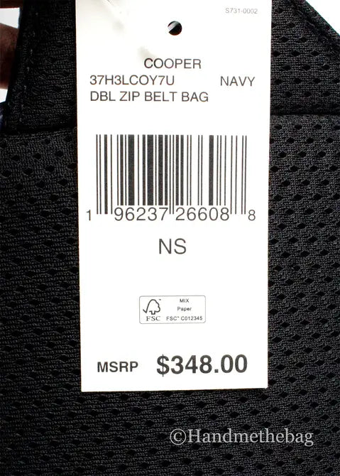 Navy Cooper double zip belt bag with mesh material, stylish and functional, priced at $348.00.