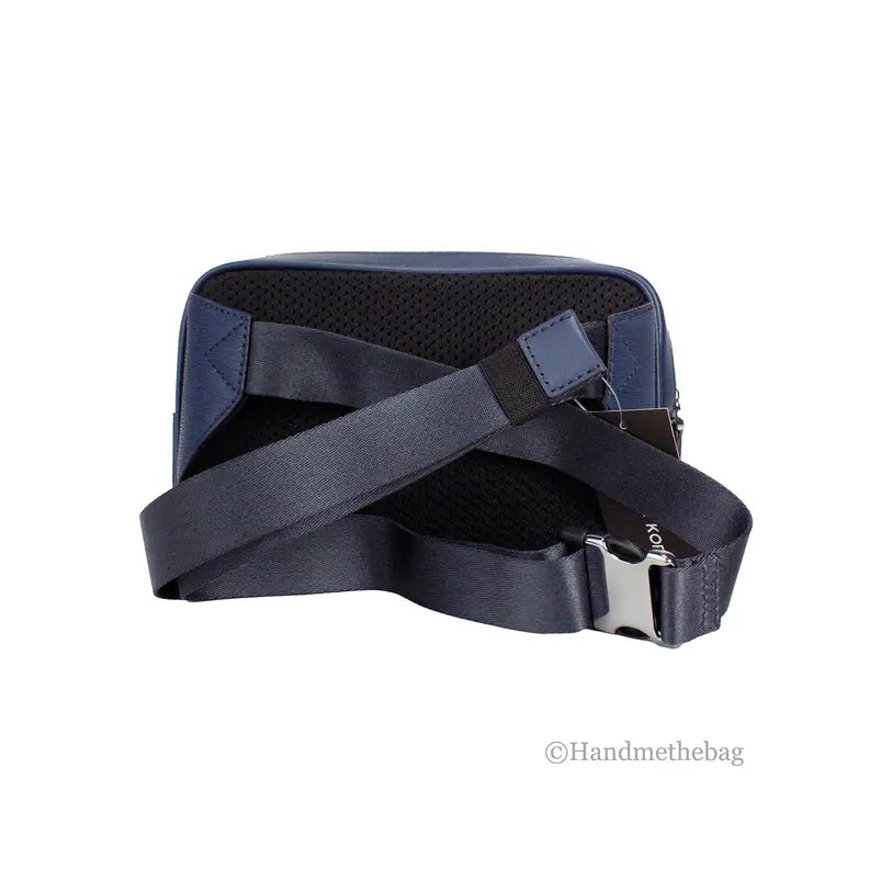 Navy blue leather crossbody bag with mesh back, adjustable strap, and silver hardware for a modern, stylish look.