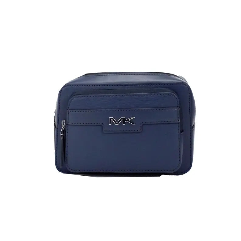 Navy blue leather MK cosmetic bag with zip closure and front pocket, stylish and functional for travel.