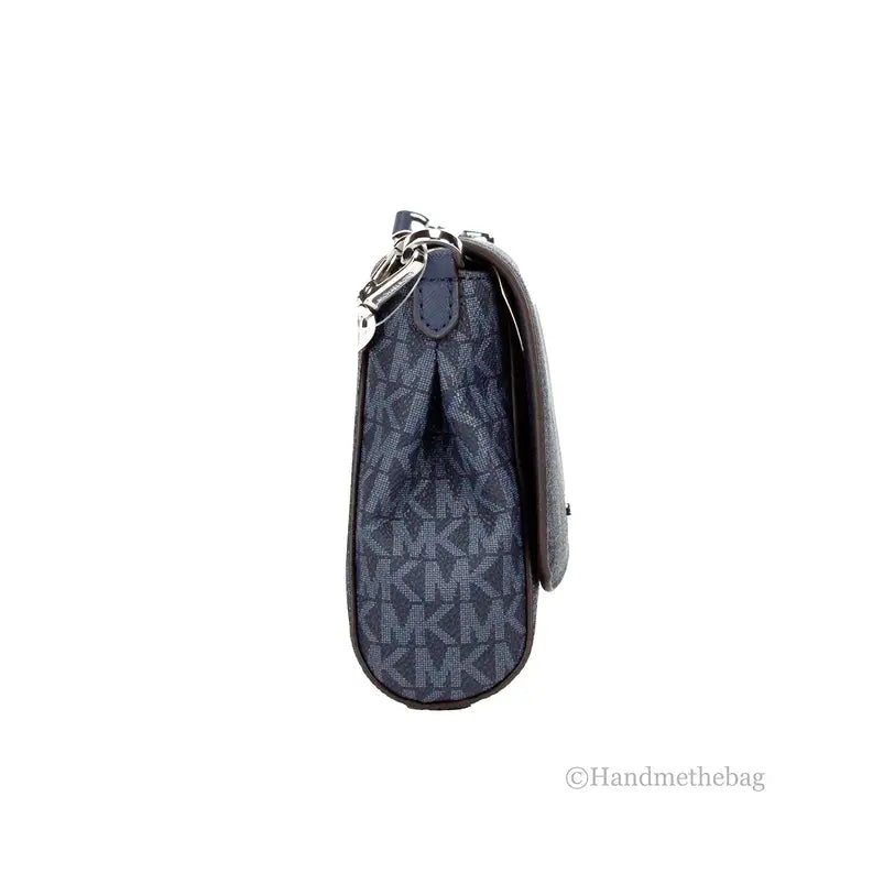 Navy blue MK monogram handbag with silver hardware, featuring a sleek and stylish design.