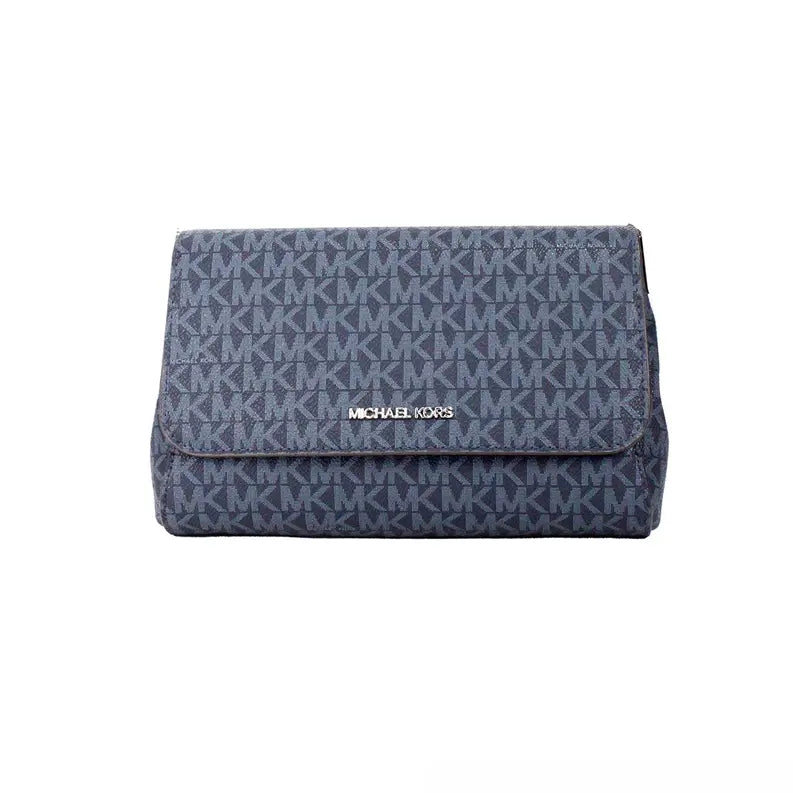 Navy blue Michael Kors clutch bag with signature MK monogram pattern in durable canvas and flap closure.