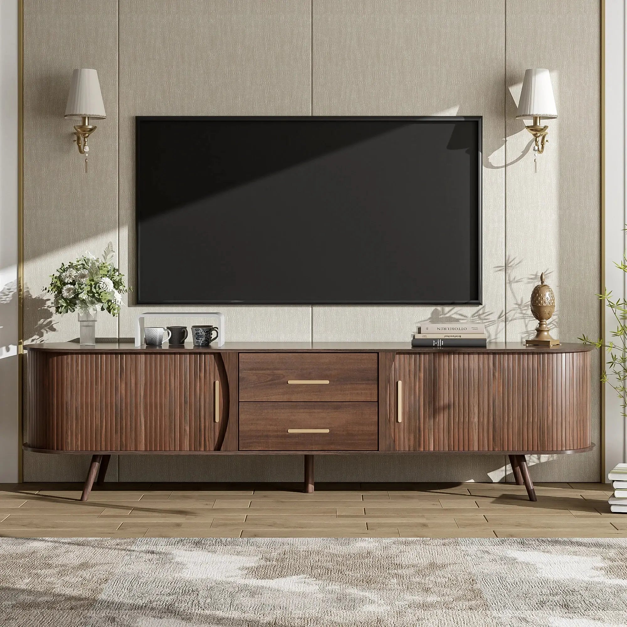 Mid-Century Modern TV Stand for 80" TVs Home Entertainment Center with Metal Shelves and Storage GreatEagleInc