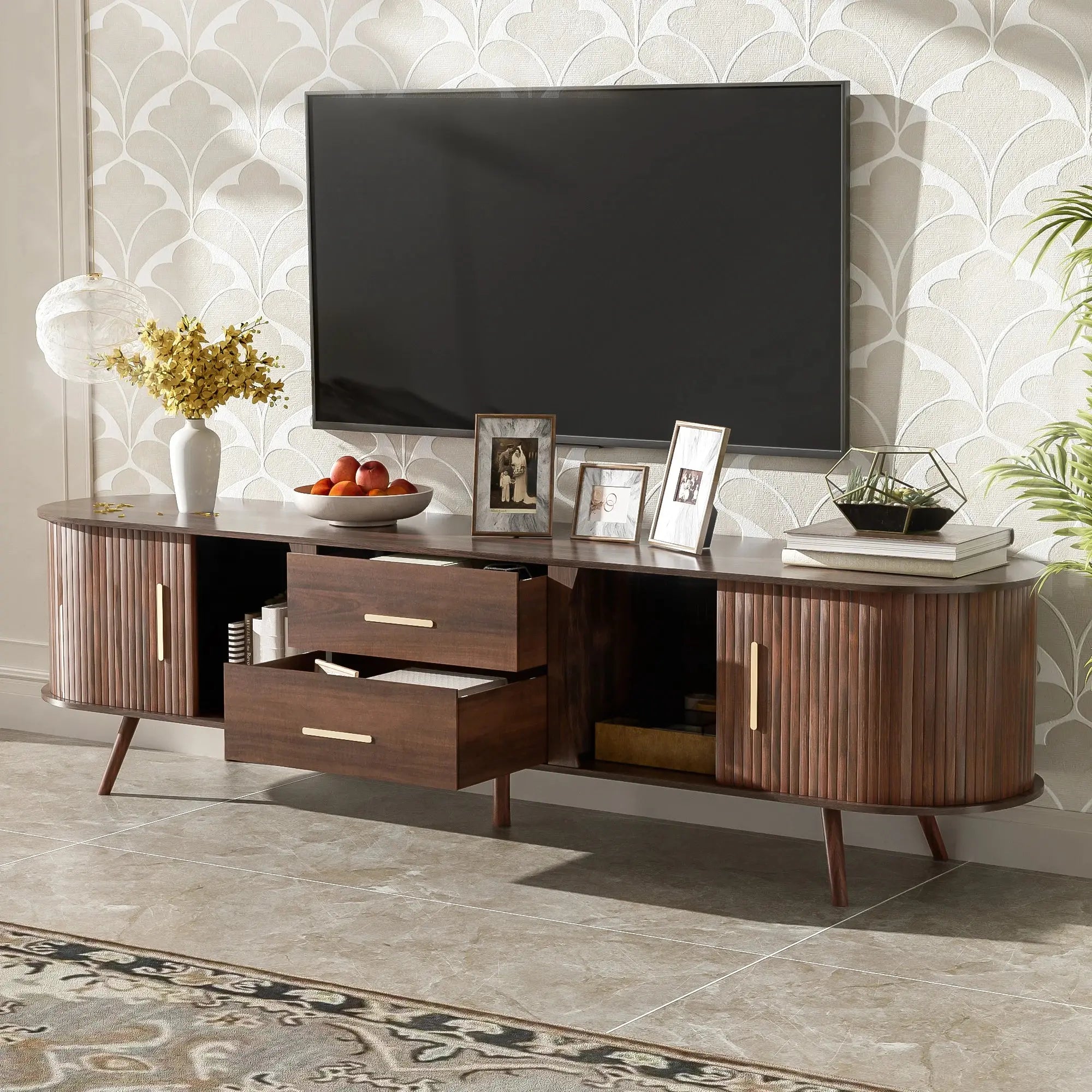 Mid-Century Modern TV Stand for 80" TVs Home Entertainment Center with Metal Shelves and Storage GreatEagleInc
