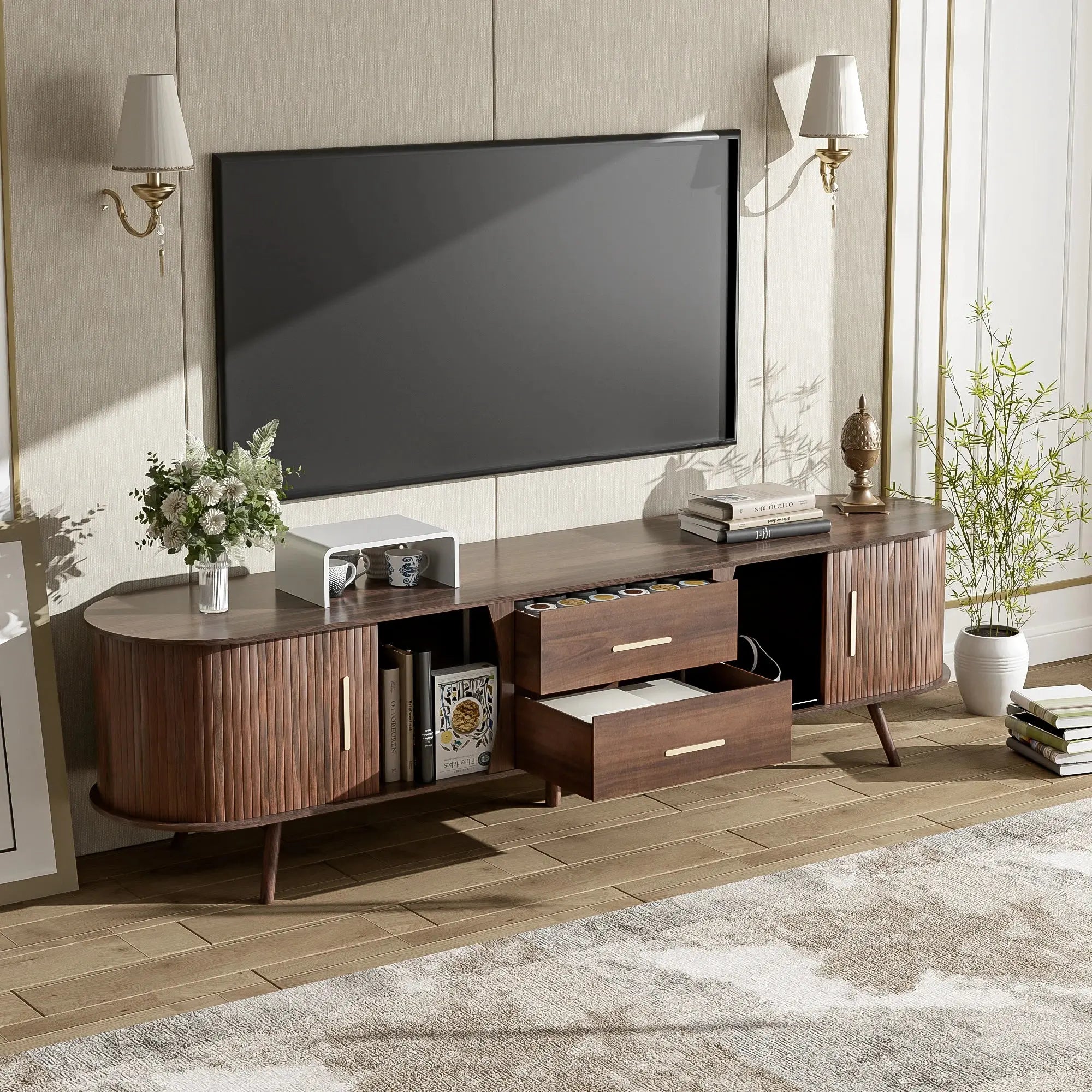 Mid-Century Modern TV Stand for 80" TVs Home Entertainment Center with Metal Shelves and Storage GreatEagleInc