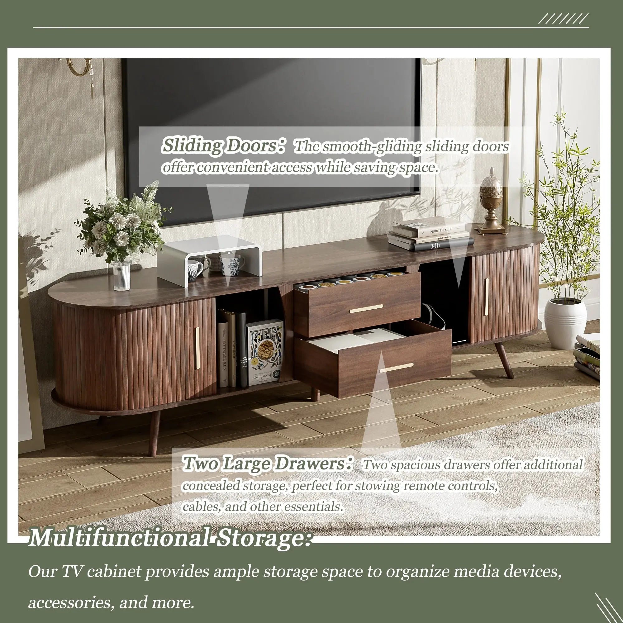 Mid-Century Modern TV Stand for 80" TVs Home Entertainment Center with Metal Shelves and Storage GreatEagleInc