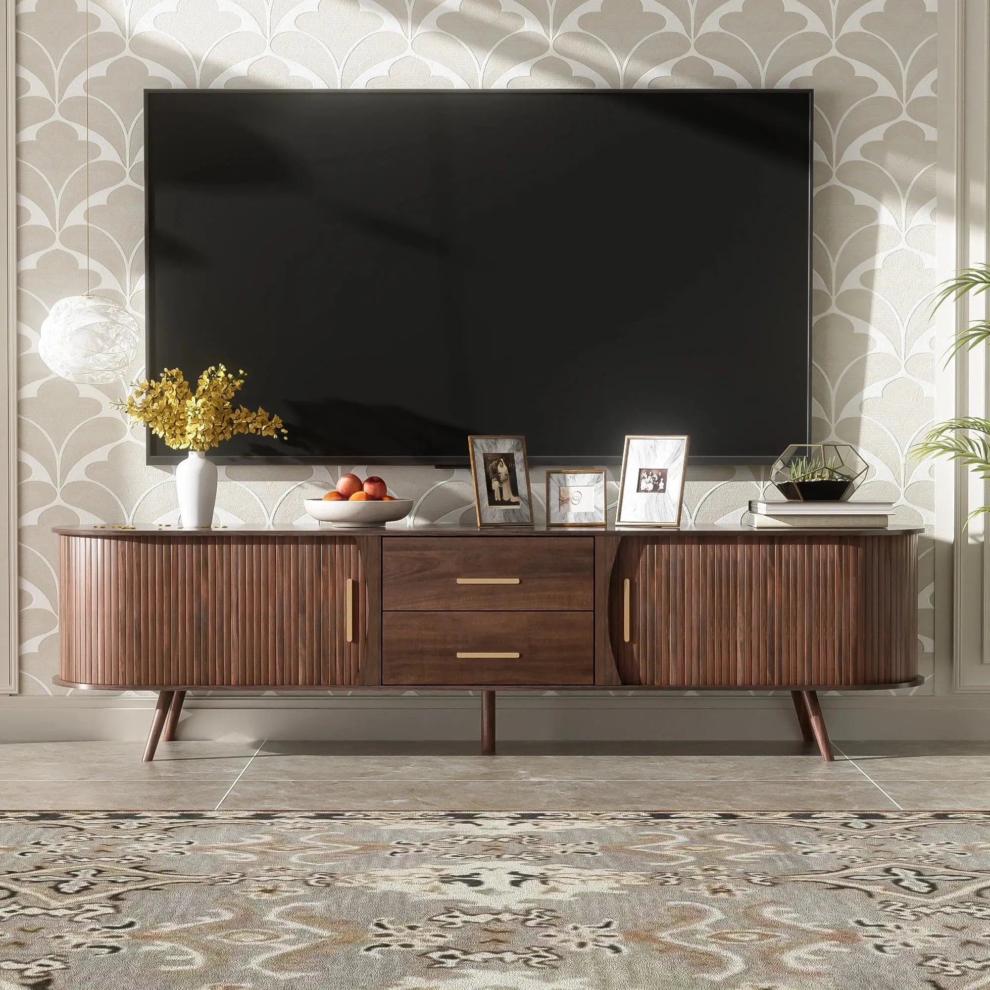 Mid-Century Modern TV Stand for 80" TVs Home Entertainment Center with Metal Shelves and Storage GreatEagleInc