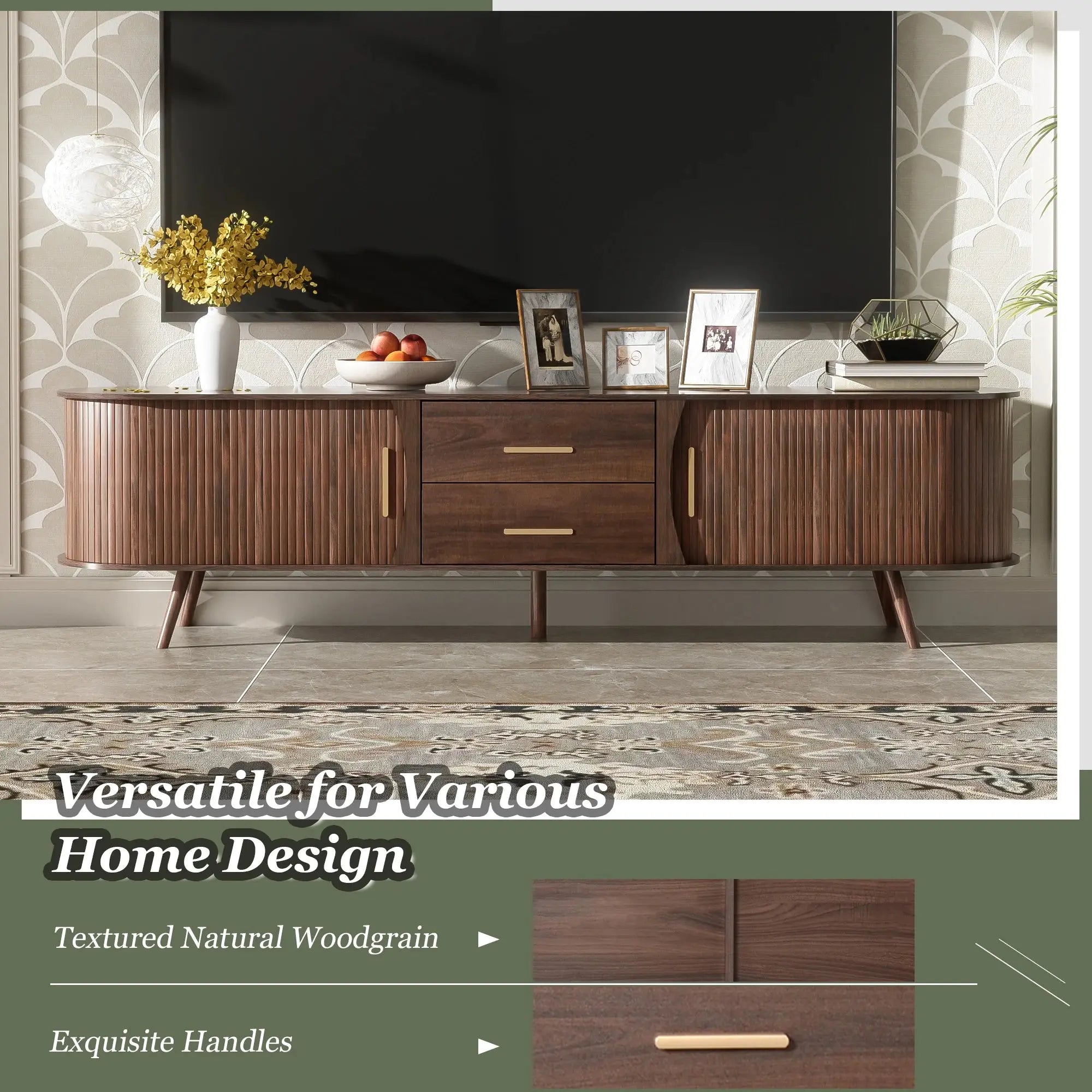 Mid-Century Modern TV Stand for 80" TVs Home Entertainment Center with Metal Shelves and Storage GreatEagleInc