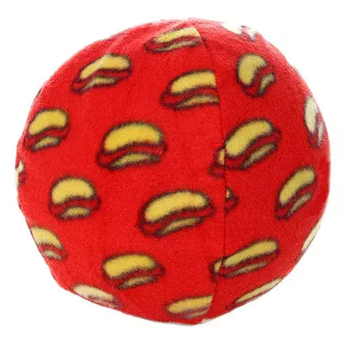 Red plush ball featuring a playful hamburger pattern, perfect for kids' playtime and soft to the touch.