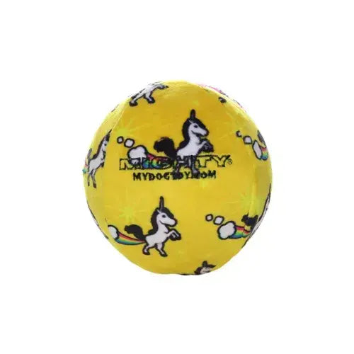 Bright yellow plush dog ball featuring whimsical unicorn prints, perfect for playful pups. Durable and fun for chew time!