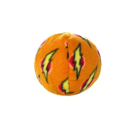 Bright orange plush ball patterned with red and yellow lightning bolts, perfect for pets or playful toss games.