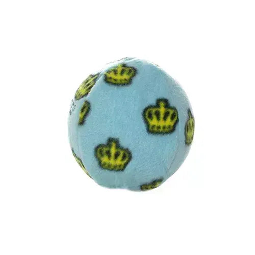 Light blue plush ball with black and yellow crown pattern, perfect for pets or playful decor.