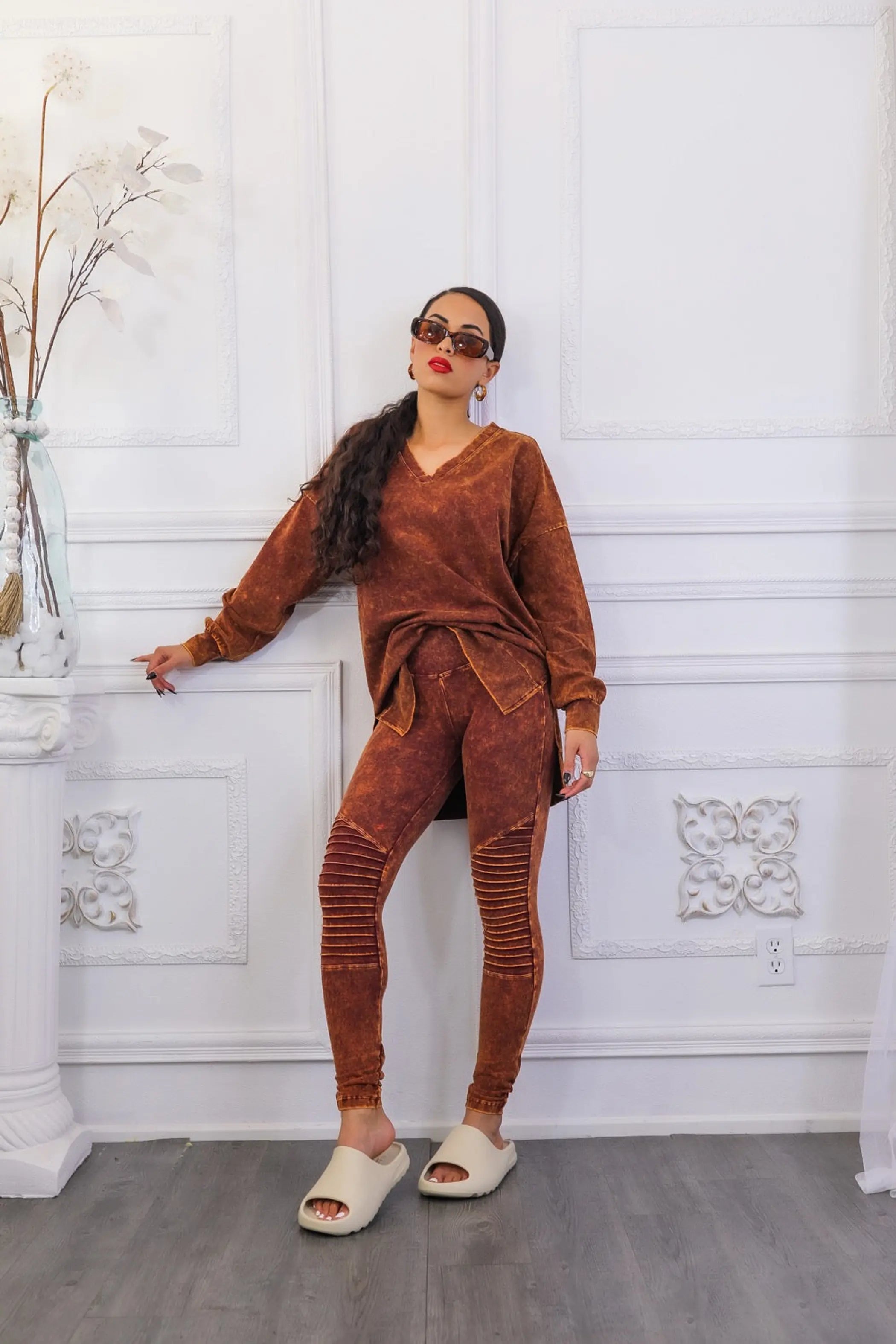 Mineral Wash Long Sleeves Top and Motto Legging Set SurelyMine