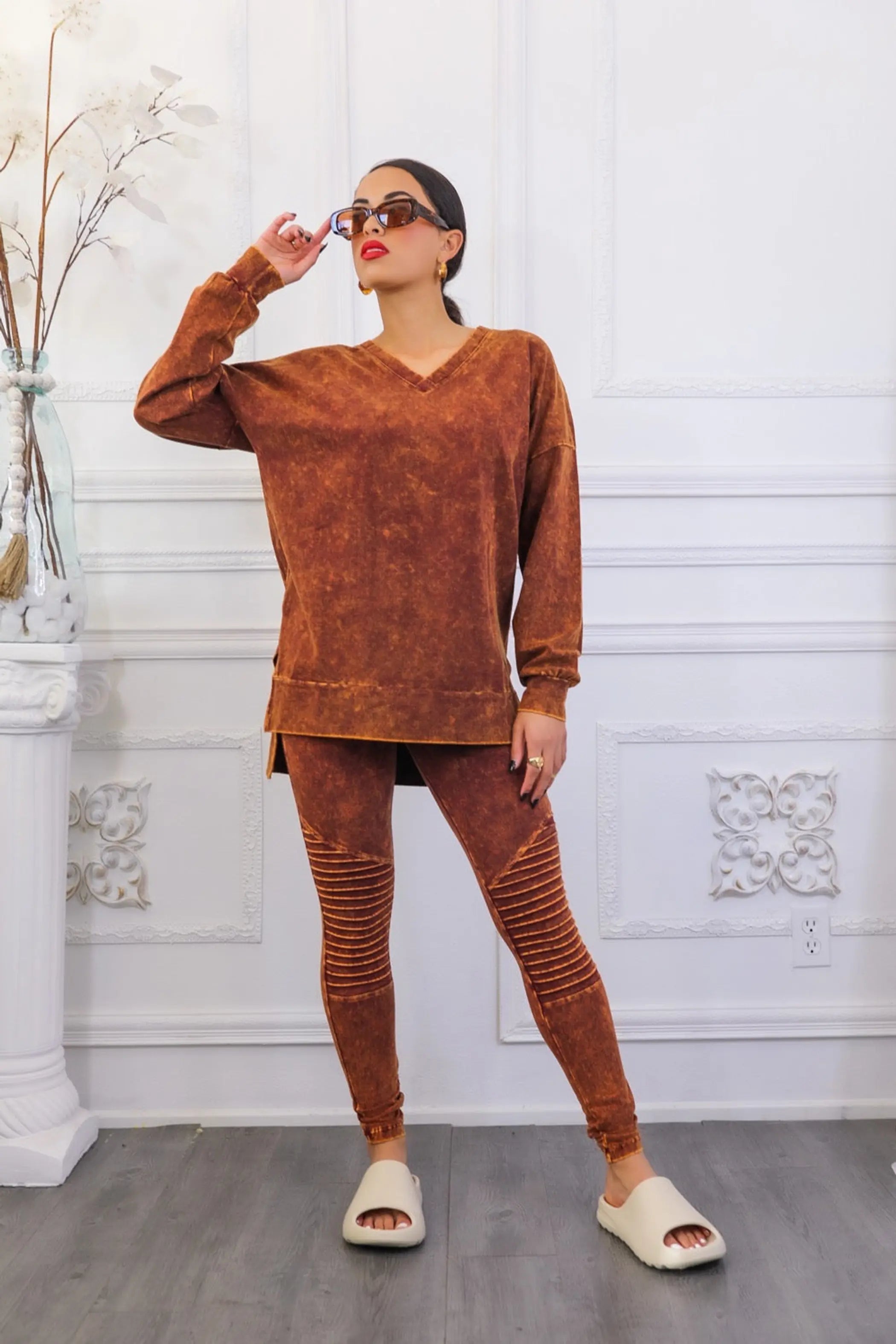 Mineral Wash Long Sleeves Top and Motto Legging Set SurelyMine