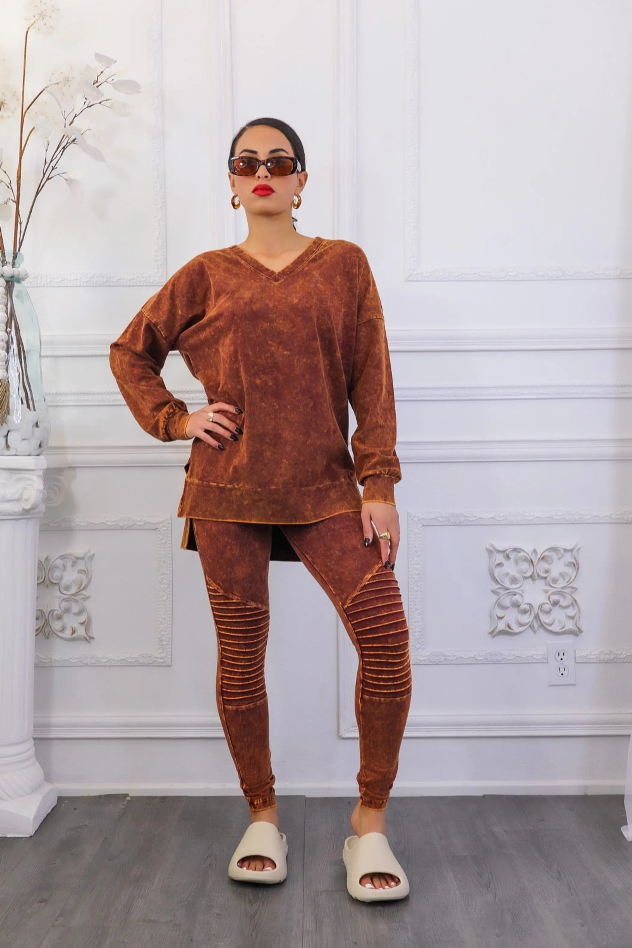 Mineral Wash Long Sleeves Top and Motto Legging Set SurelyMine