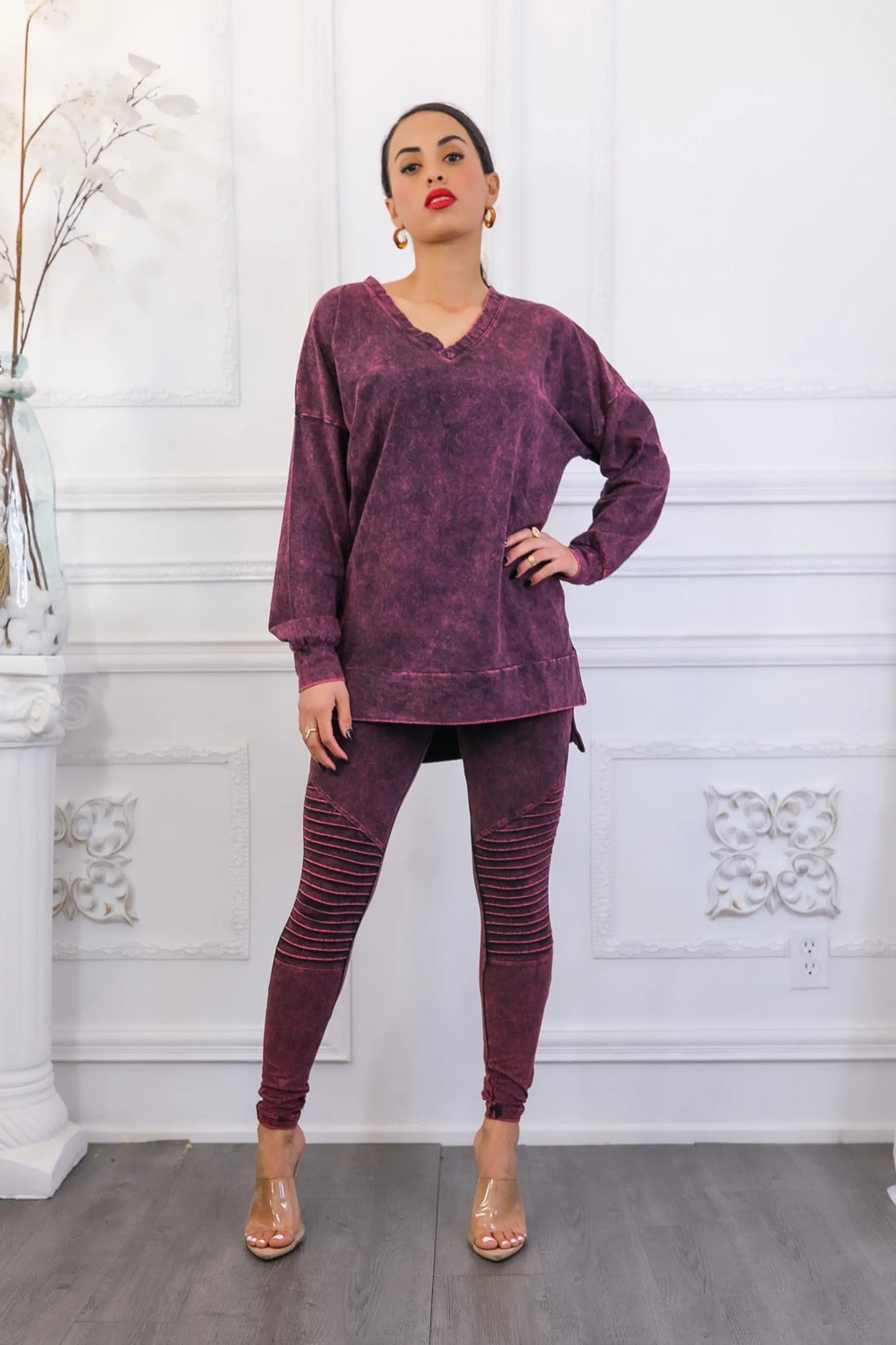 Mineral Wash Long Sleeves Top and Motto Legging Set SurelyMine