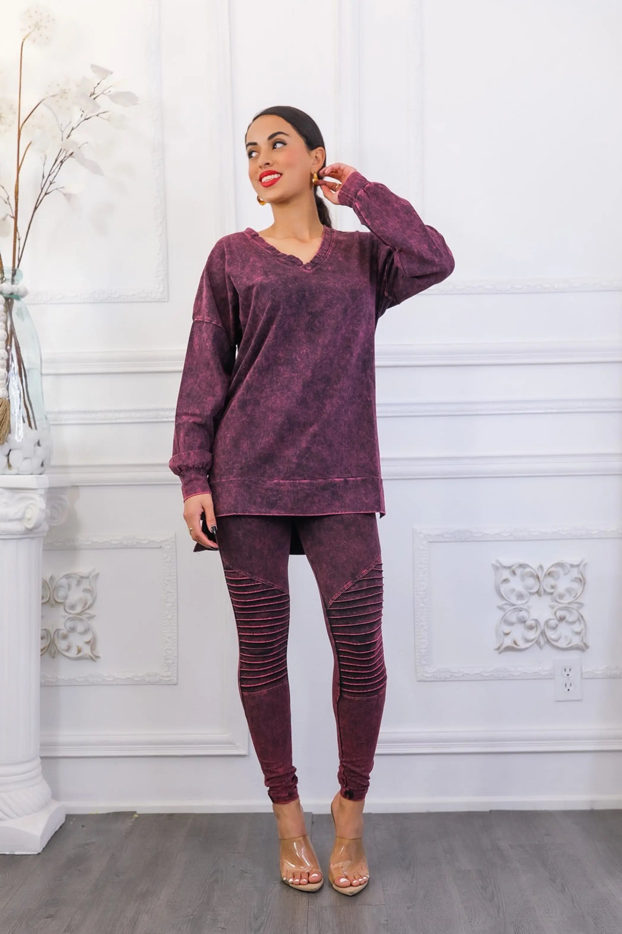 Mineral Wash Long Sleeves Top and Motto Legging Set SurelyMine