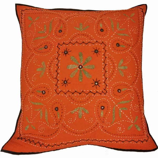 Mirror Work Aari Embroidery Design Cushion Cover Home Accent Furnishing - 16" x 16" Wild Lotus