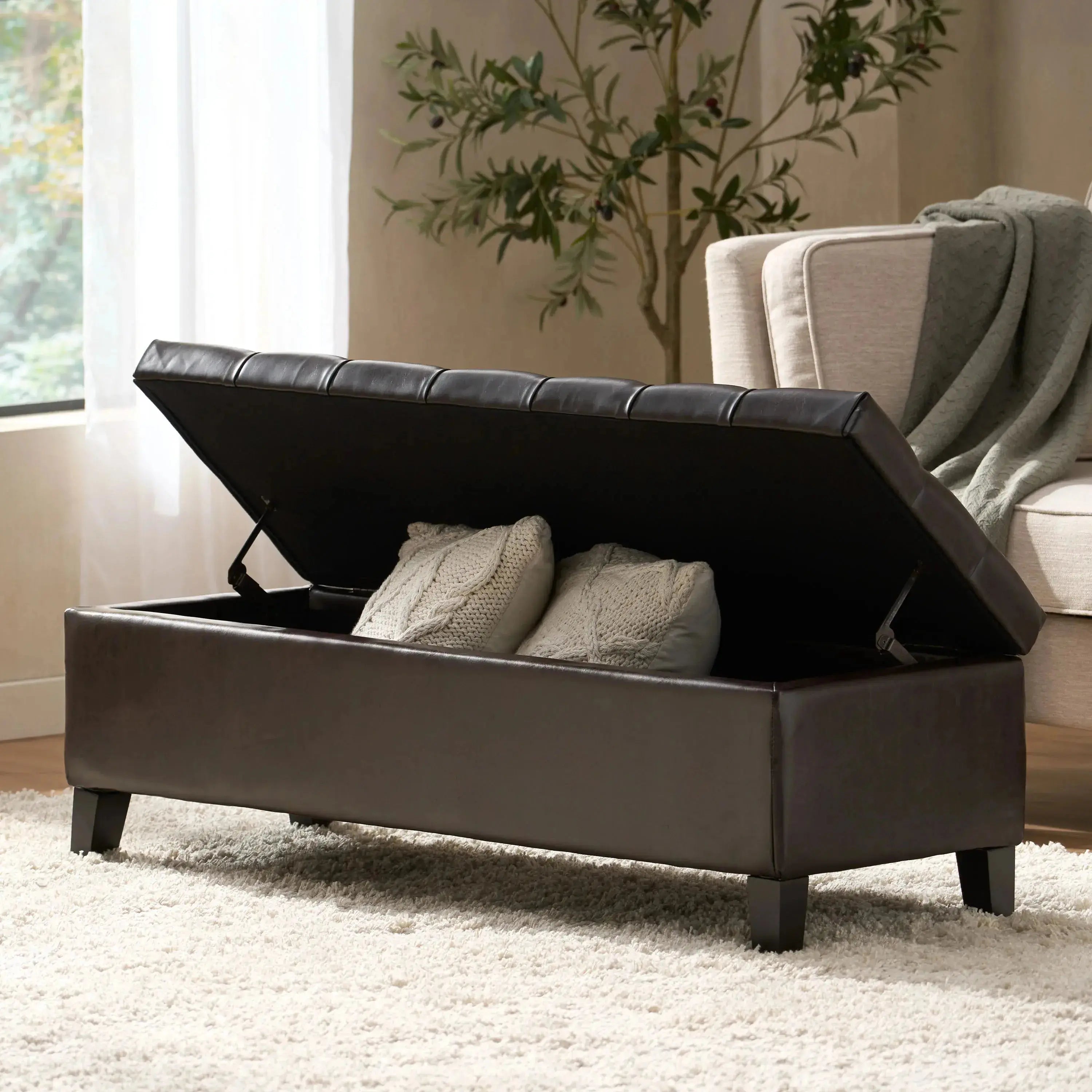 Modern Dark Brown Faux Leather Tufted Convertible Storage Ottoman  for Living Room Bedroom Entryway-Bedroom Furniture GreatEagleInc