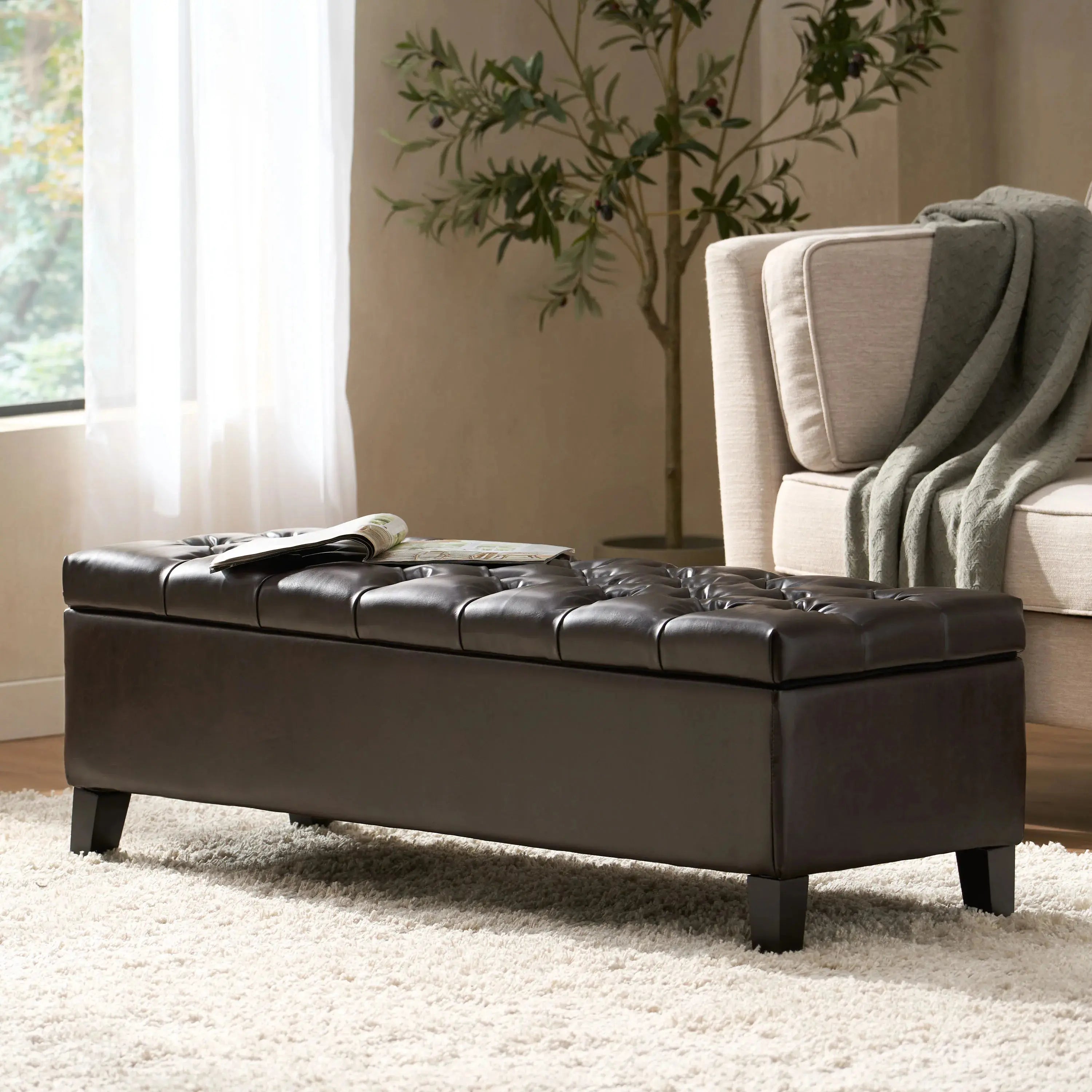 Modern Dark Brown Faux Leather Tufted Convertible Storage Ottoman  for Living Room Bedroom Entryway-Bedroom Furniture GreatEagleInc