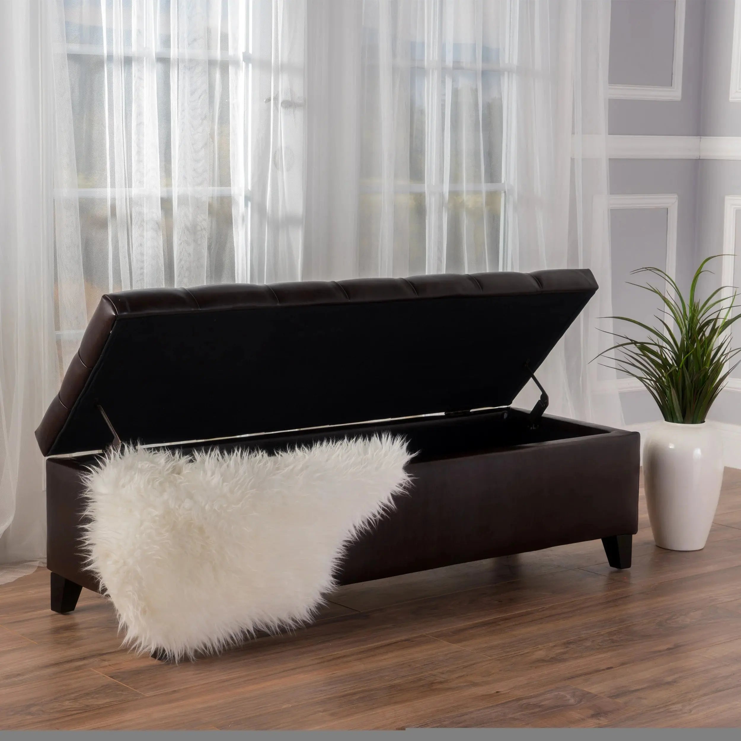 Modern Dark Brown Faux Leather Tufted Convertible Storage Ottoman  for Living Room Bedroom Entryway-Bedroom Furniture GreatEagleInc