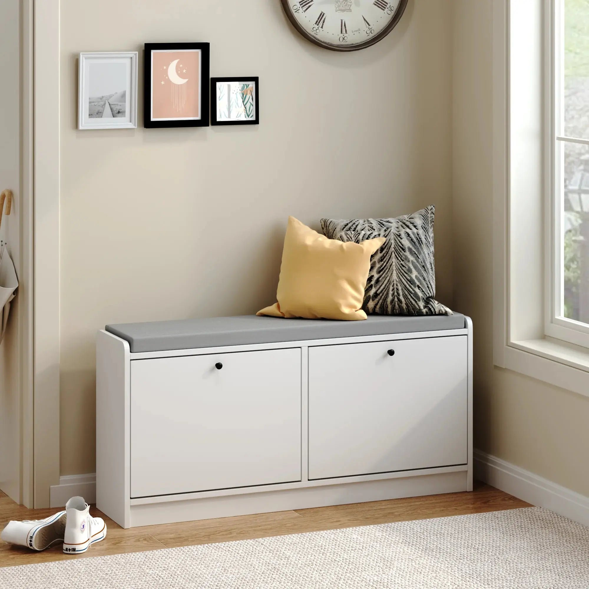 Modern MDF Shoe Storage Bench with 2 Shelves Shoe Cabinet for Living Room Bedroom Entryway Hallway Organizer GreatEagleInc