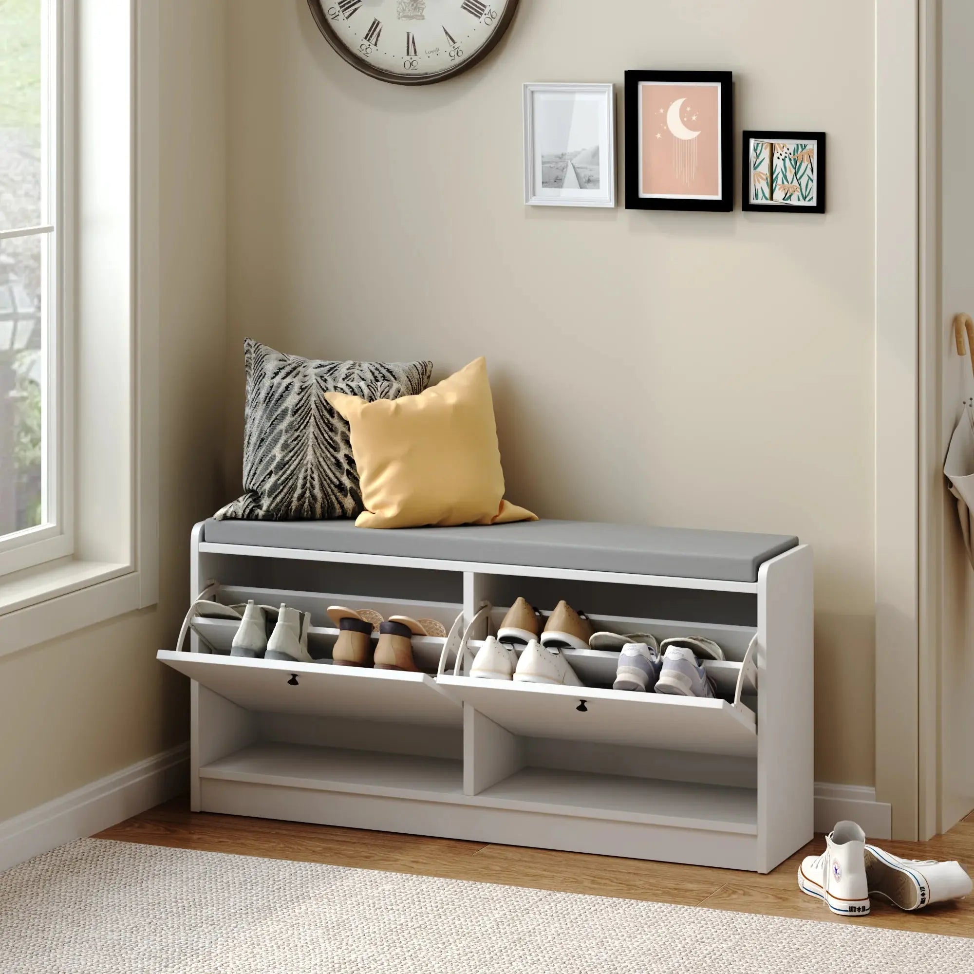 Modern MDF Shoe Storage Bench with 2 Shelves Shoe Cabinet for Living Room Bedroom Entryway Hallway Organizer GreatEagleInc