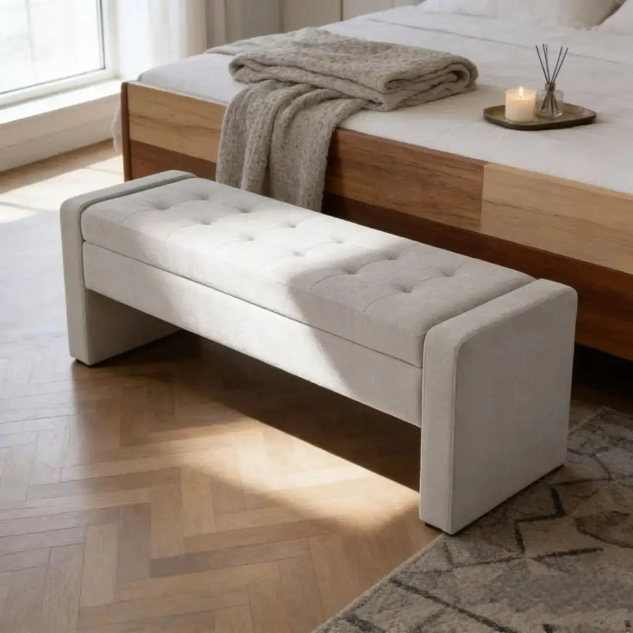 Modern Upholstered Storage Bench with Tufted Seat, Fabric Ottoman Bench for Bedroom, Entryway, or Living Room, Soft Close Hinge GreatEagleInc