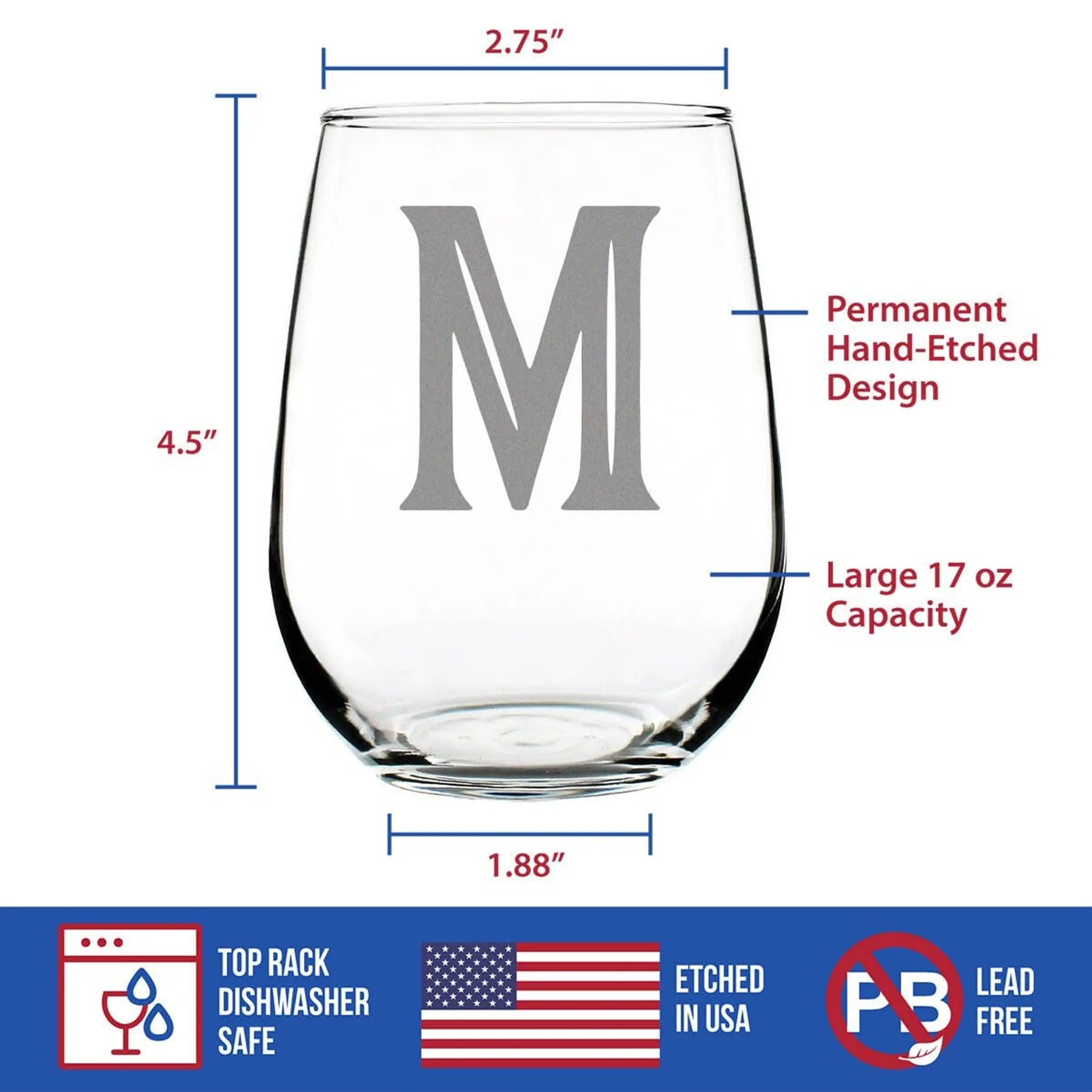Monogram Bold M Stemless Wine Glass - M Initial Gifts Bevvee