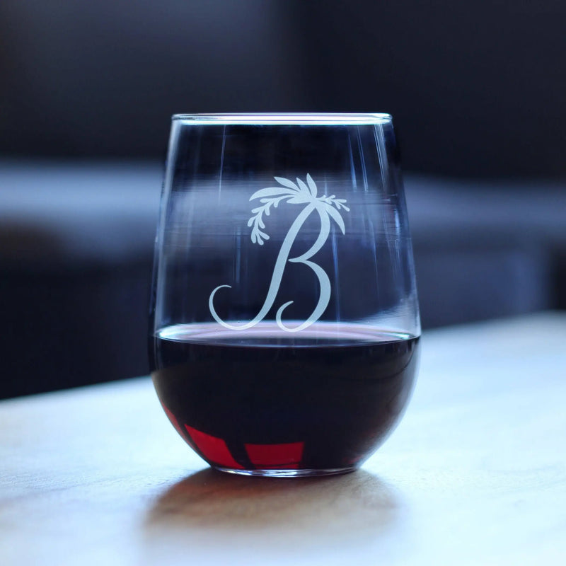 Monogram Floral B Stemless Wine Glass - B Initial Gifts Bevvee