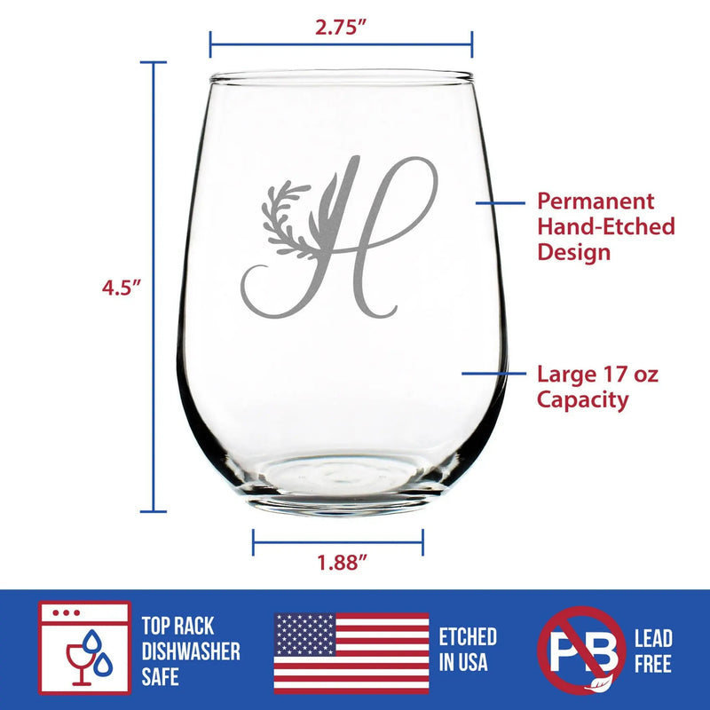 Monogram Floral H Stemless Wine Glass - H Initial Gifts Bevvee