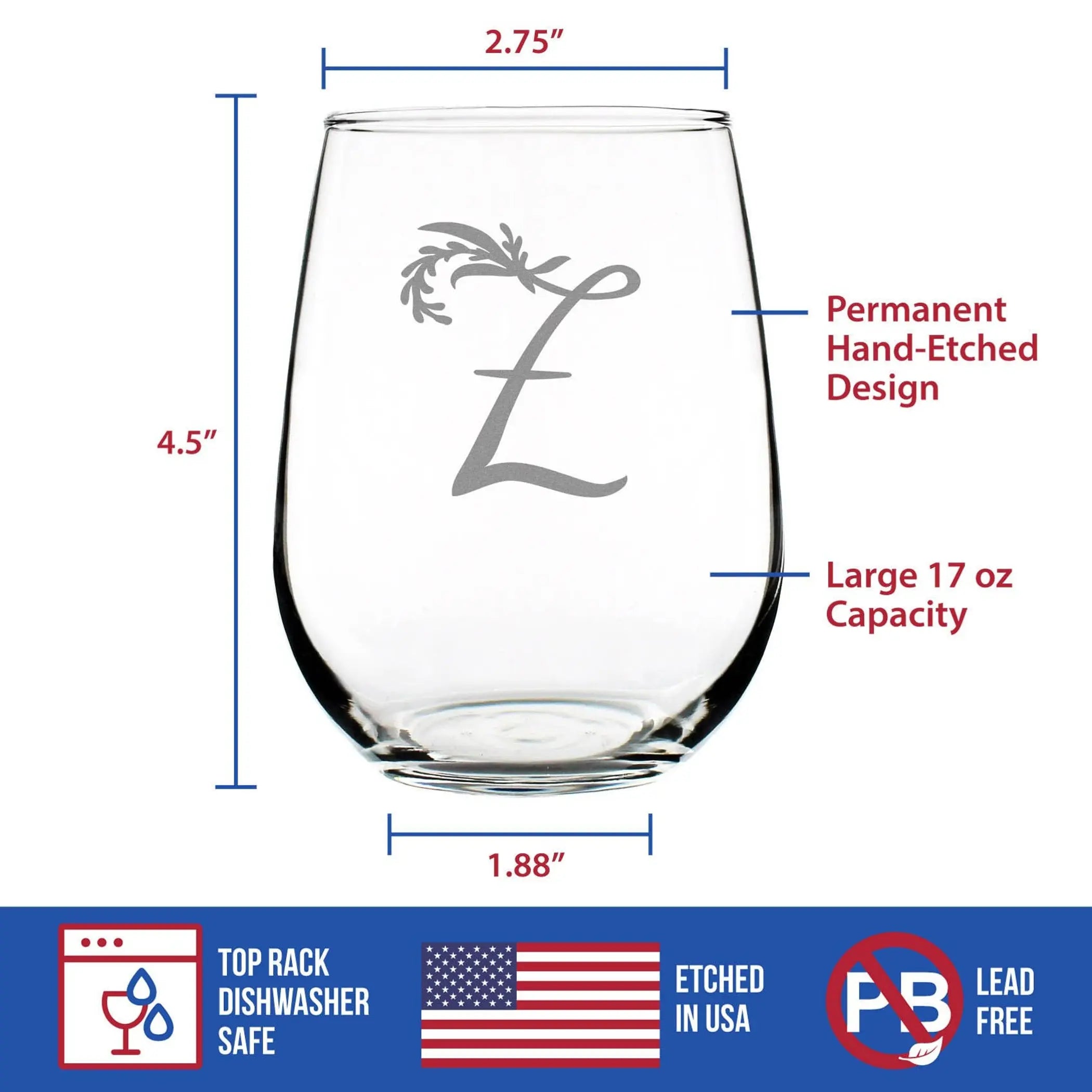 Monogram Floral Z Stemless Wine Glass - Z Initial Gifts Bevvee