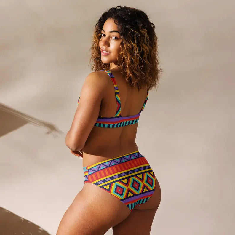 Multi Coloured African Print Women Recycled high-waisted bikini Adirelounge