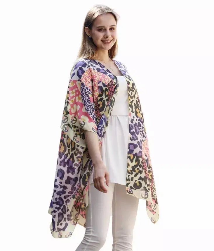 Multi Leopard & Peace Sign Kimono JC Sunny Fashion