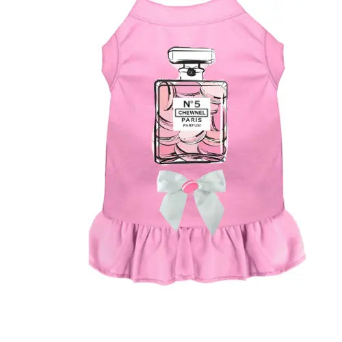 Pink cotton dog dress featuring a chic perfume bottle graphic and a decorative white bow on the back.