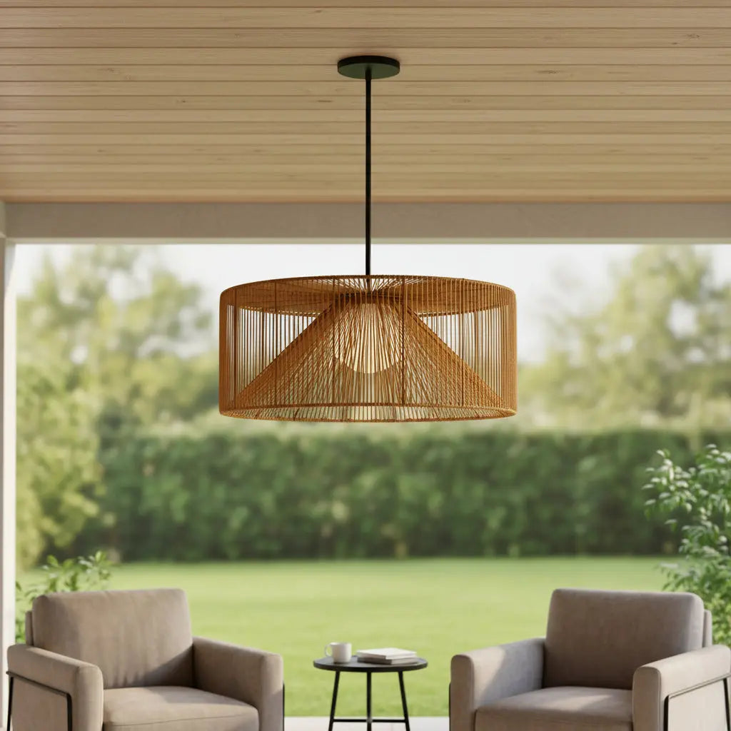 Natural And Black Rattan And Metal LED Dimmable Outdoor Hanging Pendent Light Homeroots Outdoor