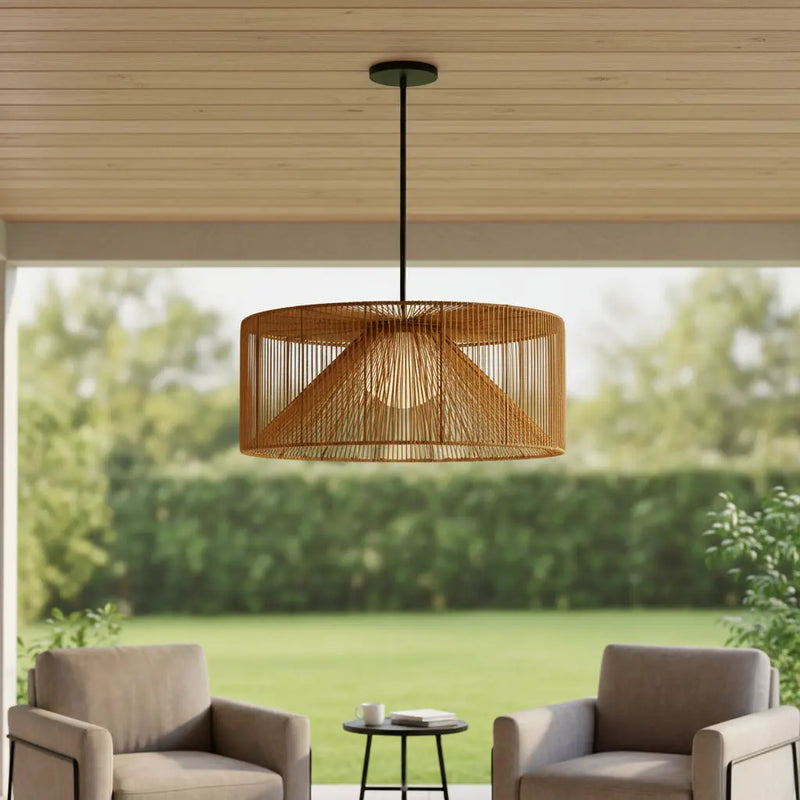 Natural And Black Rattan And Metal LED Dimmable Outdoor Hanging Pendent Light Homeroots Outdoor
