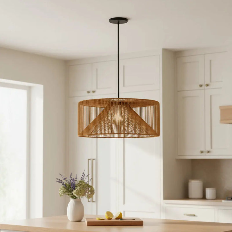 Natural And Black Rattan And Metal LED Dimmable Outdoor Hanging Pendent Light Homeroots Outdoor