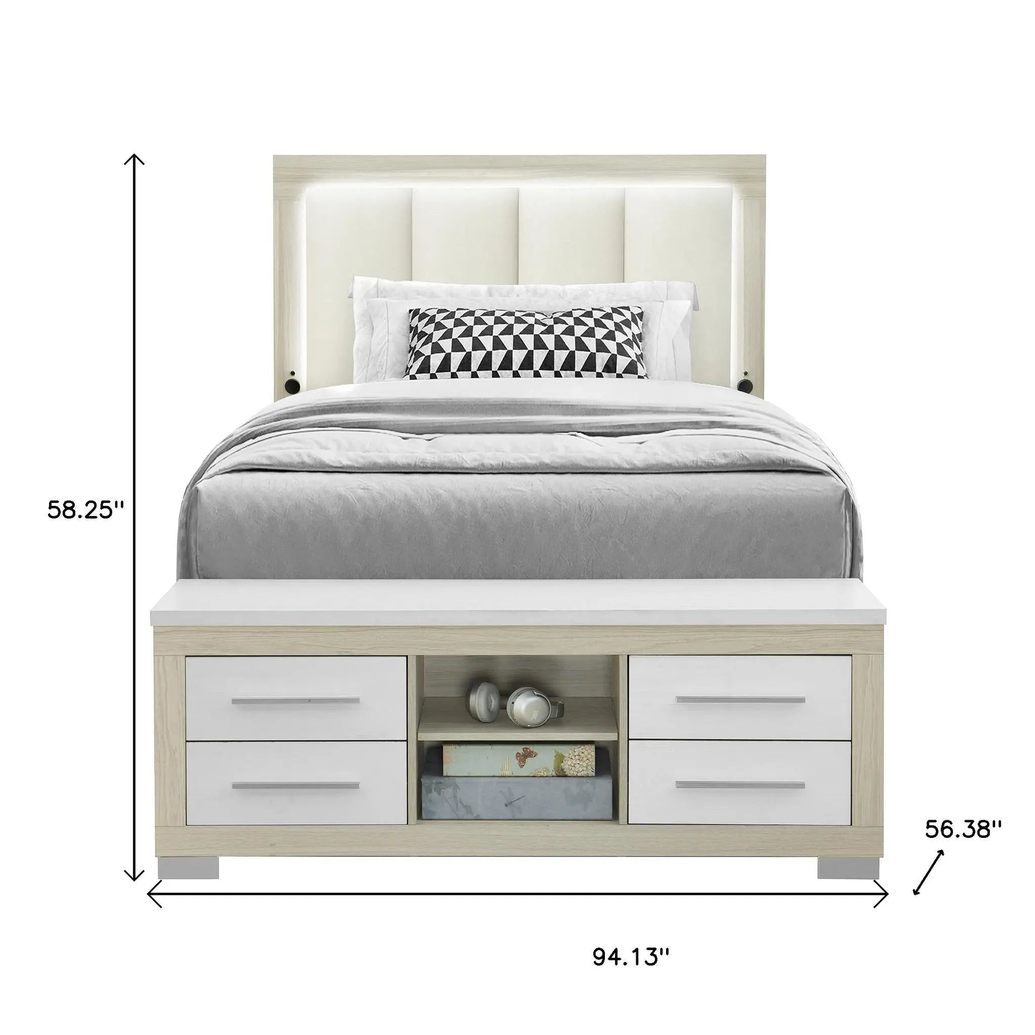 Natural White and Beige Wood And Upholstery Lighted Upholstered Full Bed Frame With USB And Drawers Homeroots Bed & Bath