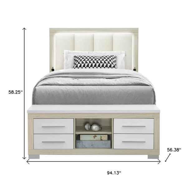 Natural White and Beige Wood And Upholstery Lighted Upholstered Full Bed Frame With USB And Drawers Homeroots Bed & Bath
