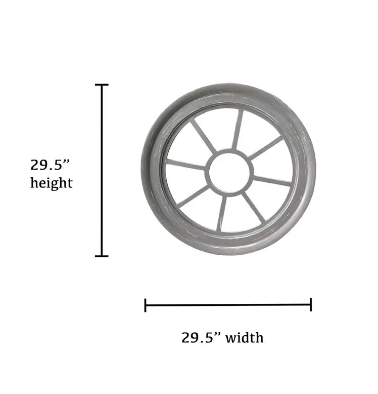 Gray circular wall mirror with geometric design, 29.5" height and width, perfect for modern decor.