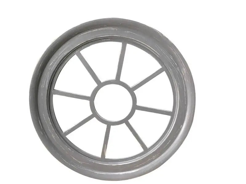 Gray wooden round window frame with eight sections, distressed finish for rustic charm. Perfect for home decor.