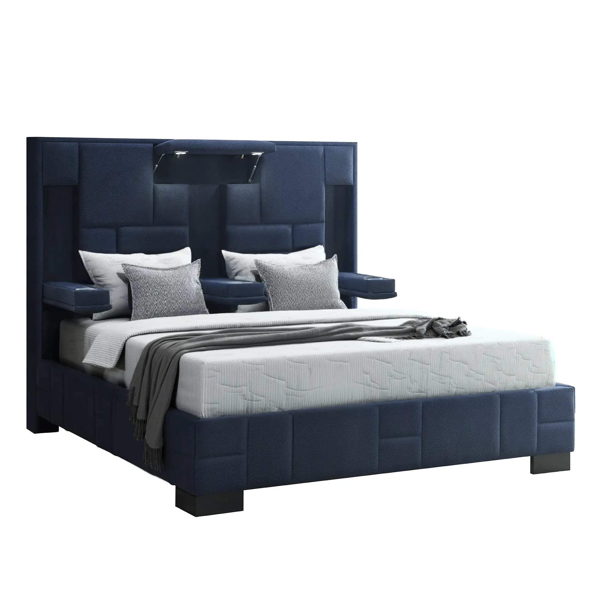 Navy Blue And Upholstered Lighted Queen Bed Frame with USB Homeroots Bed & Bath