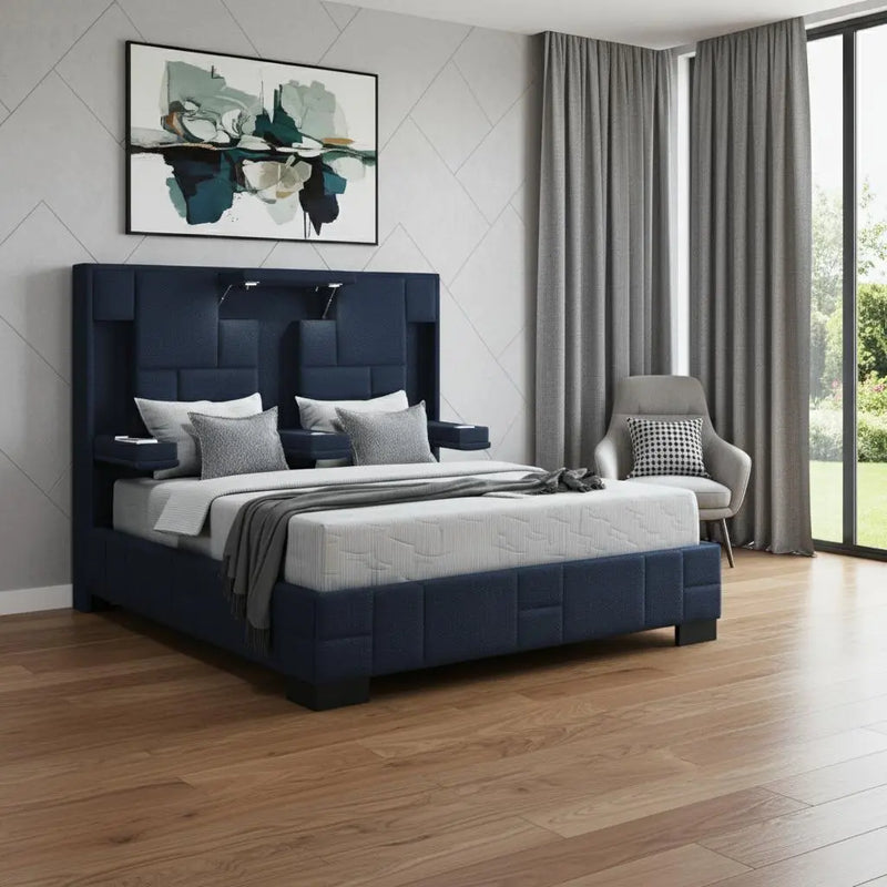 Navy Blue And Upholstered Lighted Queen Bed Frame with USB Homeroots Bed & Bath
