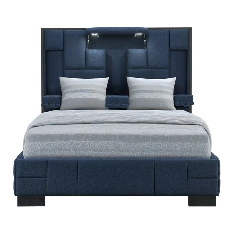 Navy Blue And Upholstered Lighted Queen Bed Frame with USB Homeroots Bed & Bath