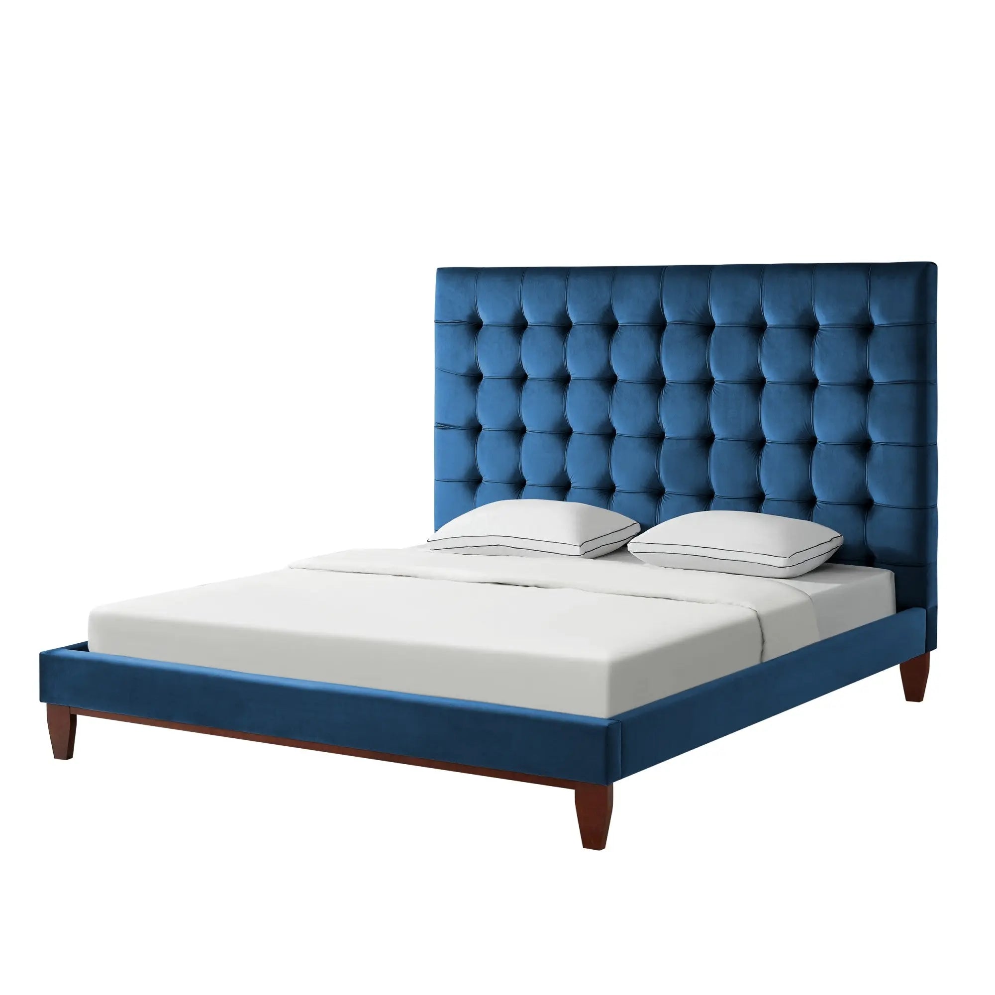 Navy Blue Solid Wood King Tufted Upholstered Velvet Bed Homeroots Bed & Bath